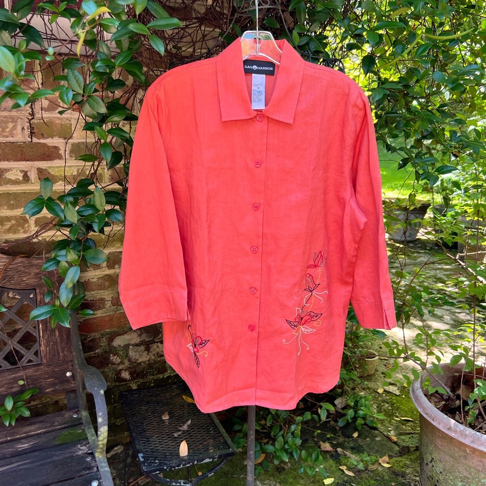 Sag Harbor- VINTAGE SALMON EMBROIDERED LINEN SHIRT - Size 12- EUC